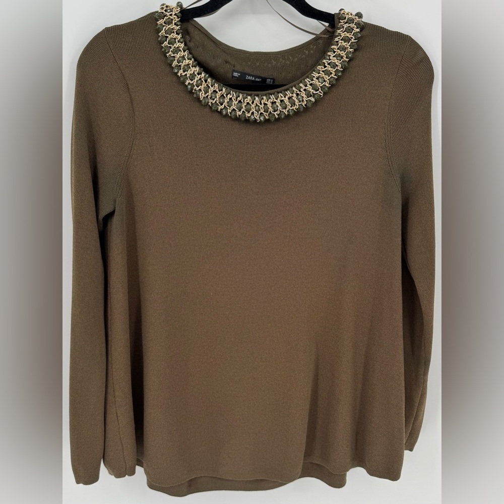 Zara Knit Beaded Scoop Neck Long Sleeve Blouse